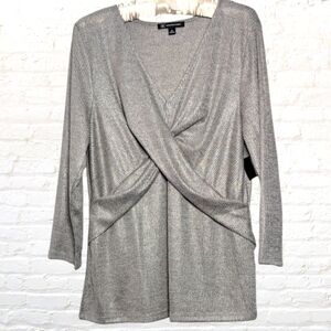 INC Women's Criss-Cross Shimmer Long Sleeve Top Silver Size XL NWT